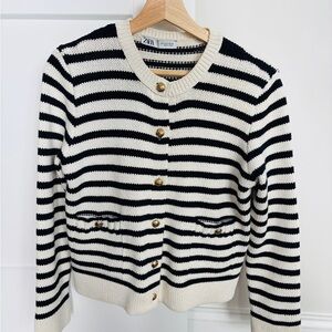 Zara Striped Black and Cream Cardigan with Gold Buttons